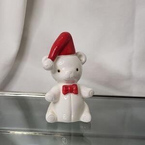 Vintage Porcelain Christmas Teddy Bear Ornament Figurine